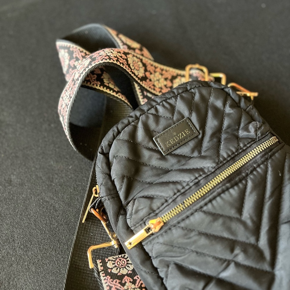 Black Quilted Crossbody Bag by  KEDZIE with 2in tapestry strap